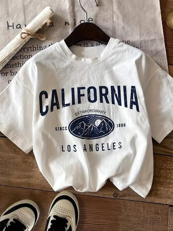 Women's Landscape & Letter Print Round Neck Tee, Casual Short Sleeve Graphic T-shirt, Ladies Summer Outfit Hoodie, Sweatshirt