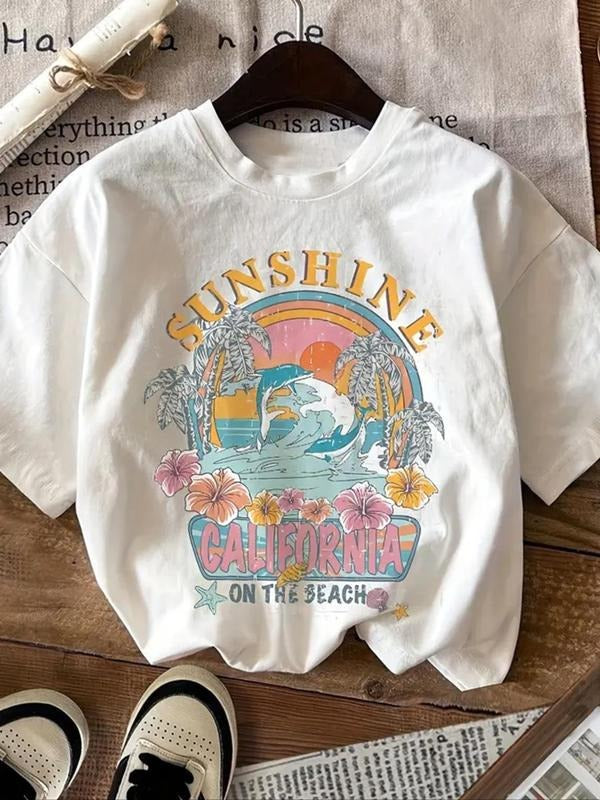 Women's Landscape & Letter Print Round Neck Tee, Casual Short Sleeve T-shirt for Daily Wear, Ladies Summer Outfit Hoodie,...