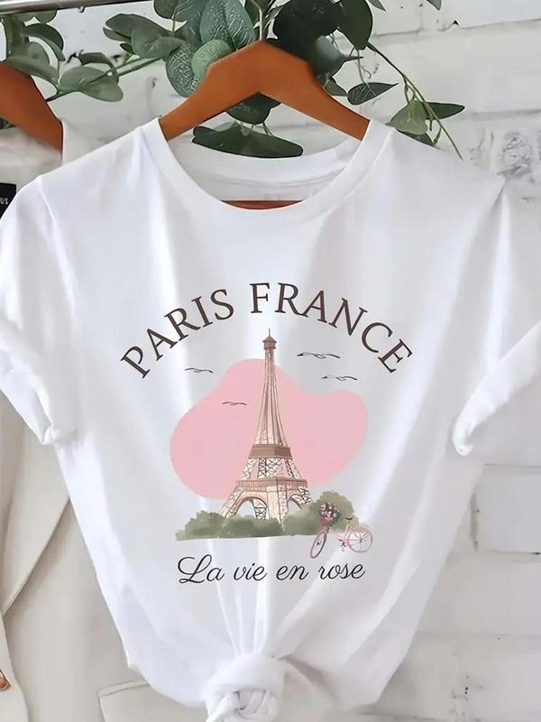 Women's Landscape & Letter Print Round Neck Tee, Casual Short Sleeve T-shirt for Summer, Ladies Clothes for Daily Wear...