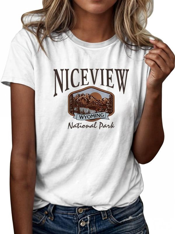 Women's Landscape & Letter Print Round Neck Tee, Casual Short Sleeve T-shirt, Ladies All Seasons Outfit style 02 Hoodie,...