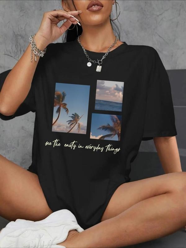 Women's Landscape & Letter Print Round Neck Tee, Fashion Casual Drop Shoulder Short Sleeve T-Shirt, Ladies Summer Clothes...