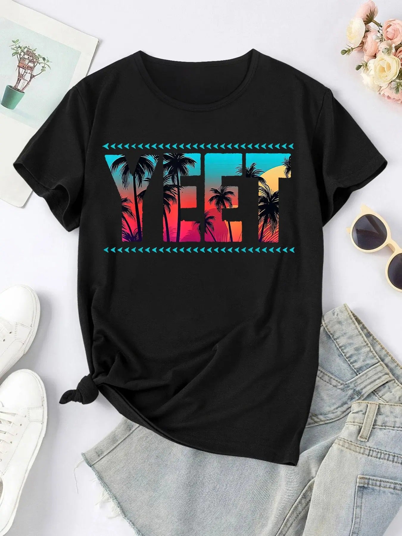 Women's Landscape & Letter Print Round Neck Tee, Trendy Casual Short Sleeve T-shirt for Daily Wear, Ladies Summer Outfit...