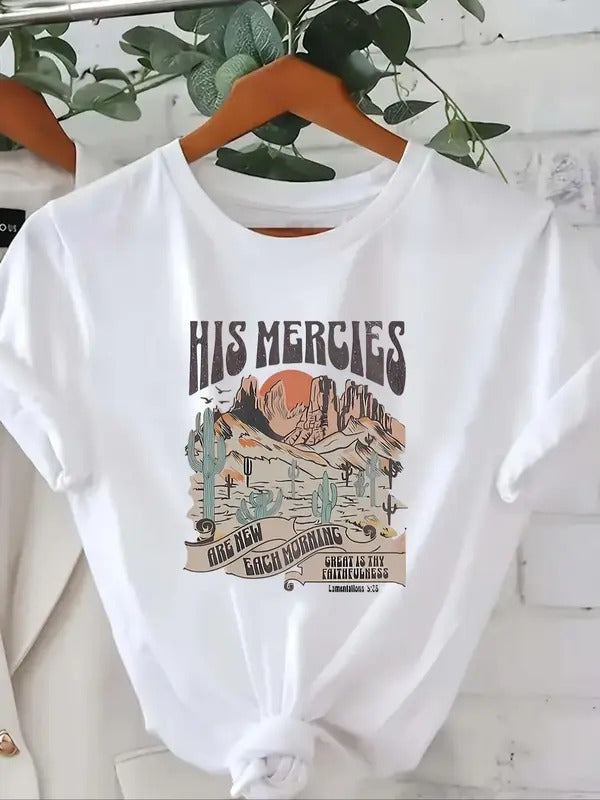 Women's Landscape & Letter Print Round Neck Tee, Vintage Trendy Casual Short Sleeve T-shirt for Daily Wear, Ladies All...