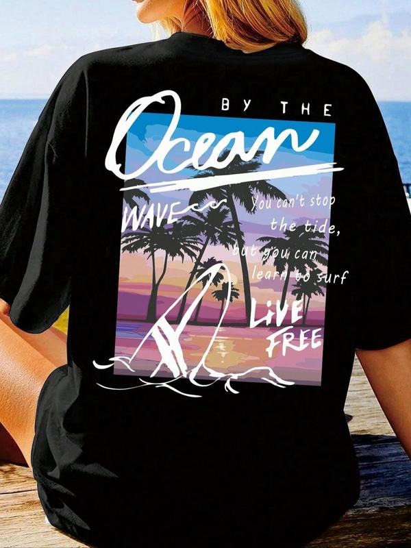 Women's Landscape Graphic Print Round Neck Tee, Trendy Drop Shoulder Half Sleeve T-shirt For Daily Wear, Ladies Summer...