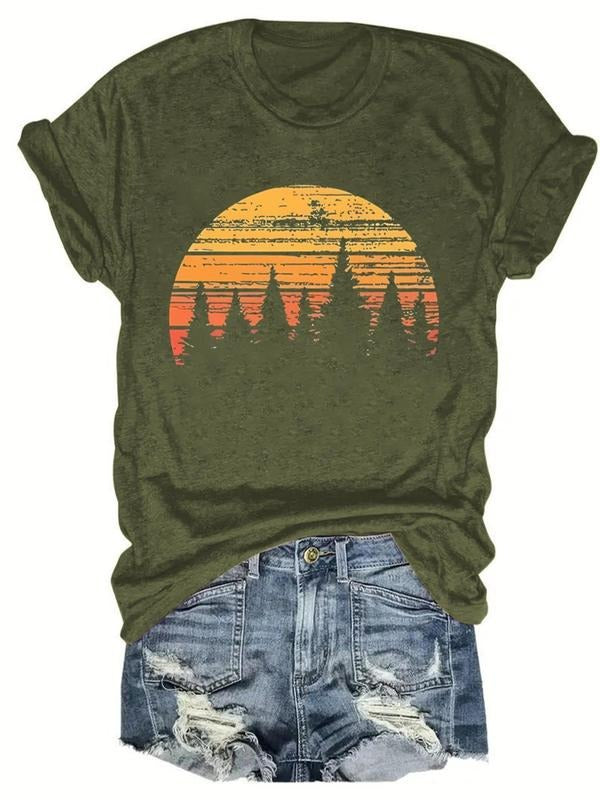 Women's Landscape Graphic Round Neck Tee, Casual Short Sleeve Crew Neck T-Shirt for Summer, Fashion Women's Top for Daily...
