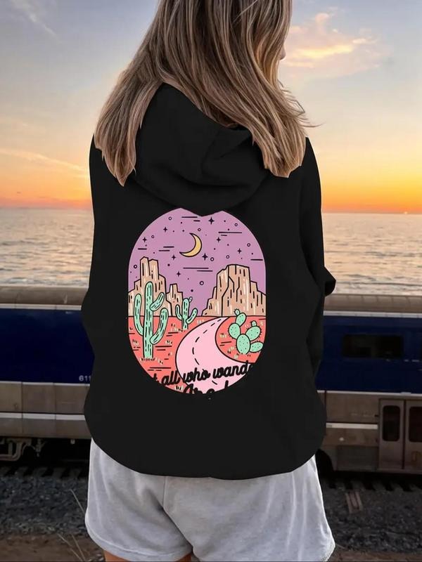 Women's Landscape Print Drop Shoulder Hoodie, Fashion Casual Drawstring Pocket Hooded Sweatshirt for Daily Holiday...