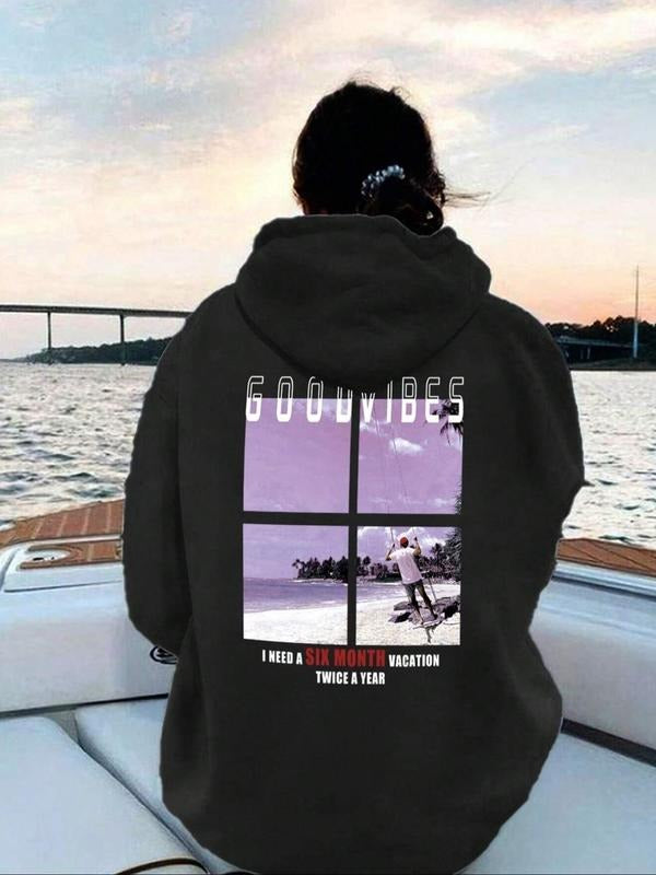 Women's Landscape Print Drop Shoulder Hoodie, Fashion Casual Drawstring Pocket Hooded Sweatshirt for Daily Holiday...