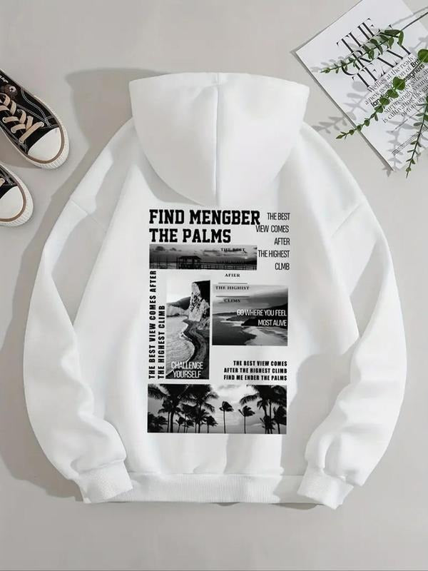 Women's Landscape Print Drop Shoulder Hoodie, Fashion Casual Letter Print Drawstring Pocket Hooded Sweatshirt for Daily...