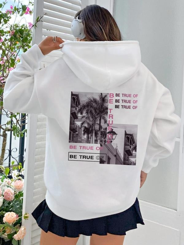 Women's Landscape Print Drop Shoulder Hoodie, Fashion Drawstring Pocket Hooded Sweatshirt, Women Clothing for Spring &...
