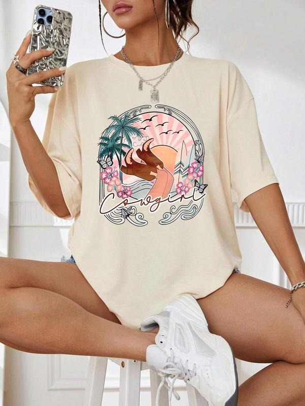 Women's Landscape Print Round Neck Graphic Tee Without Necklace, Vintage Trendy Casual Drop Shoulder Half Sleeve T-shirt...
