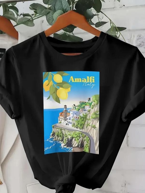 Women's Landscape Print Round Neck Graphic Tee, Vintage Trendy Casual Short Sleeve T-shirt for Daily Wear, Ladies Summer...