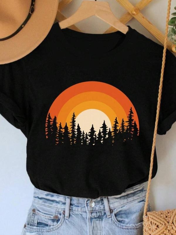 Women's Landscape Print Round Neck Tee, Casual Short Sleeve Crew Neck T-Shirt for Summer, Fashion Women's Top for Daily...