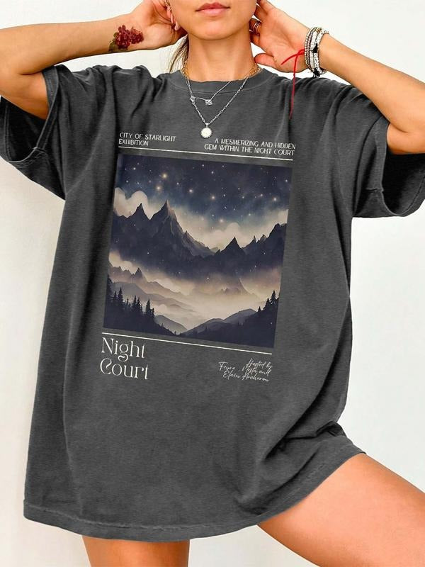 Women's Landscape Print Round Neck Tee, Casual Short Sleeve T-shirt for Daily Wear, Ladies All Seasons Outfit Hoodie,...