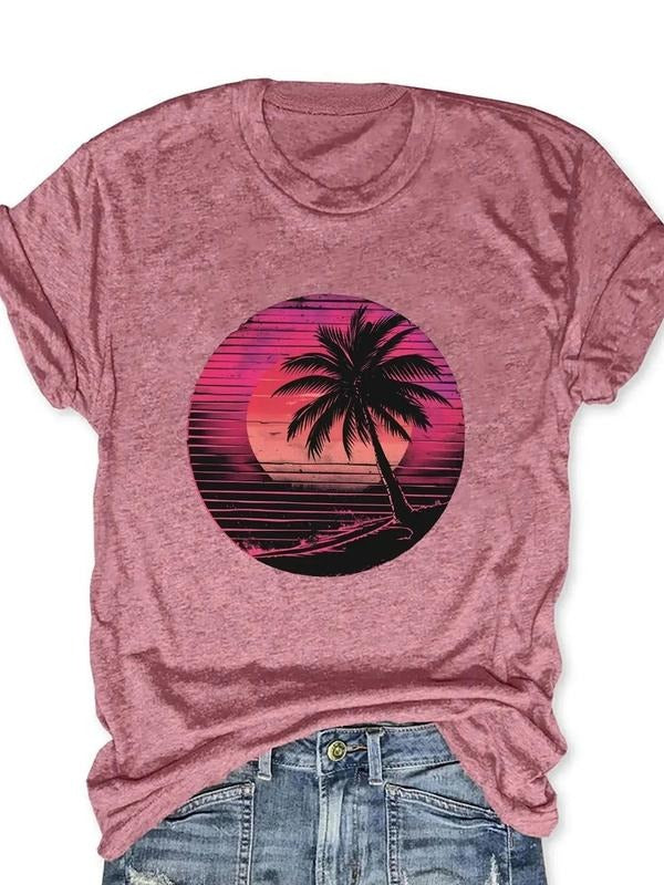 Women's Landscape Print Round Neck Tee, Fashion Casual Crew Neck Short Sleeve T-Shirt for Daily Outdoor Wear, Casual...