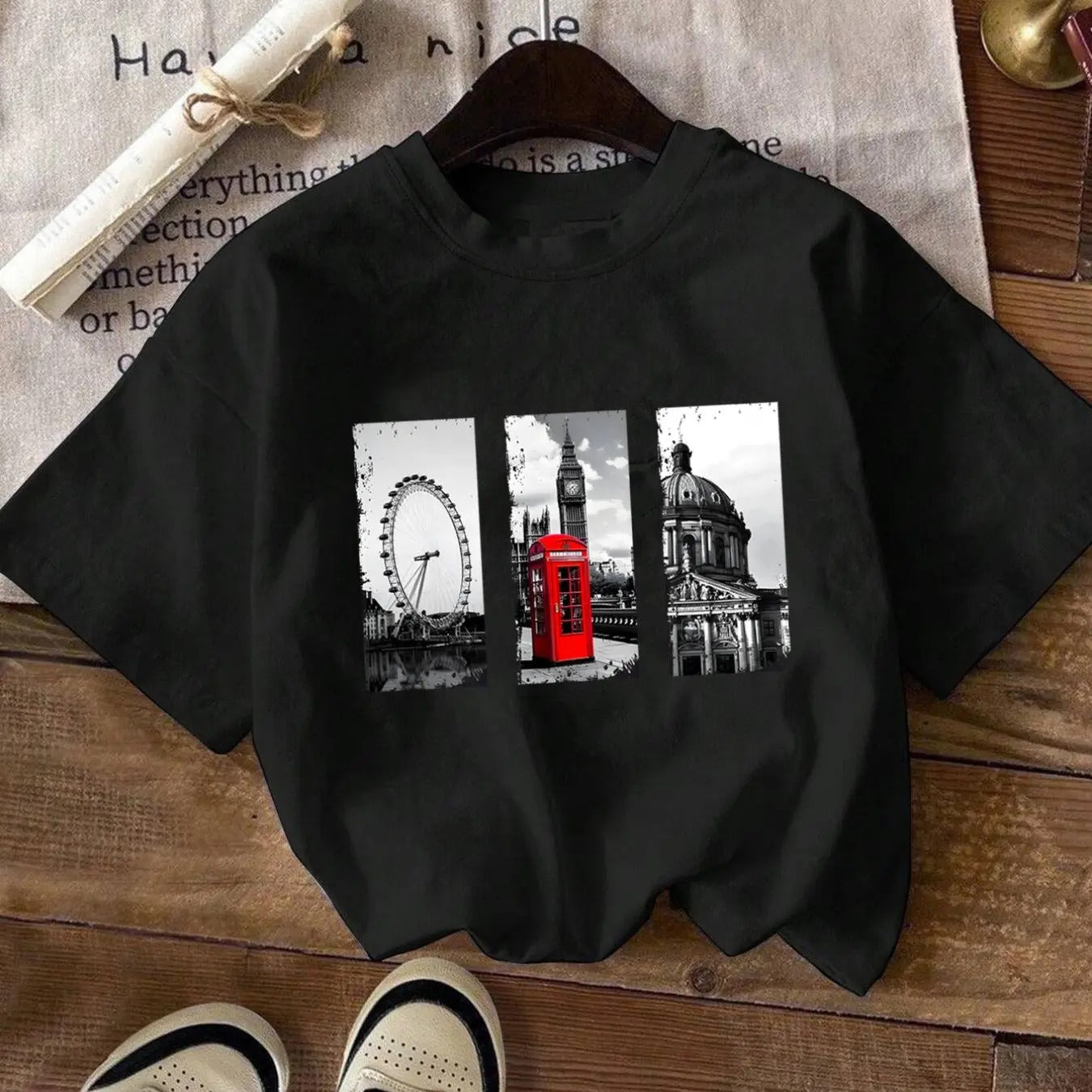 Women's Landscape Print Round Neck Tee, Fashion Casual Drop Shoulder Short Sleeve T-shirt for Daily Wear, Ladies Clothes...