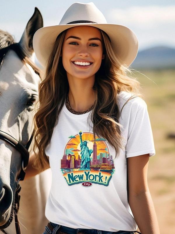 Women's Landscape Print Round Neck Tee, Letter Graphic Short Sleeve T-Shirt for Daily Wear, Casual Top for All Seasons...