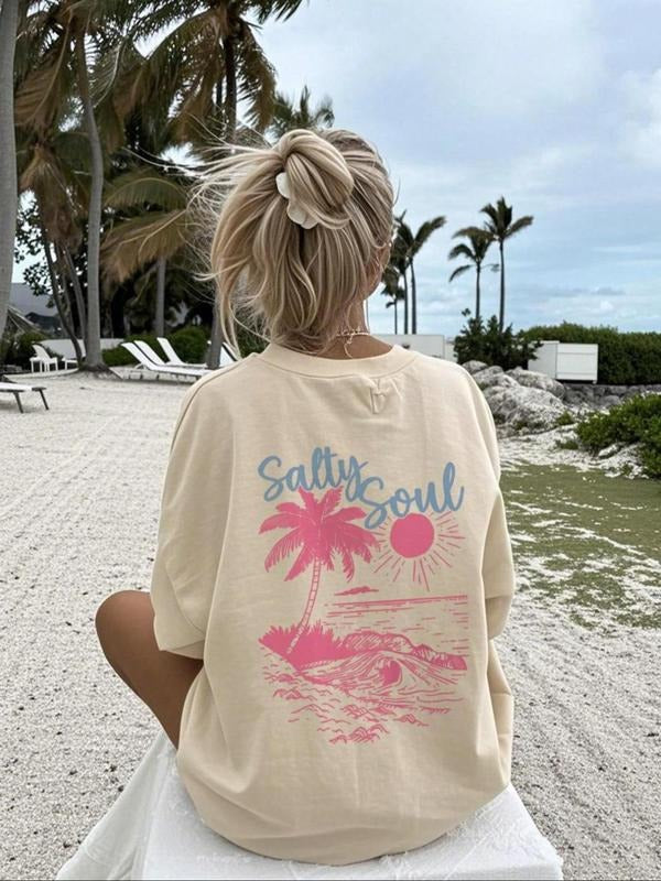 Women's Landscape Print Round Neck Tee, Vintage Trendy Casual Crew Neck Short Sleeve T-shirt for Daily Wear, Ladies...