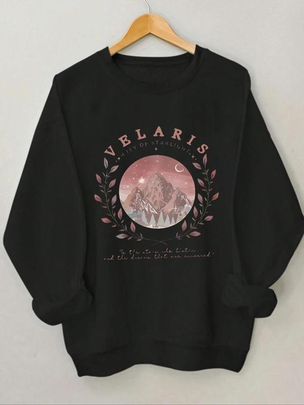 Women's Leaf & Mountain Print Drop Shoulder Sweatshirt, Casual Long Sleeve Round Neck Pullover for Spring & Fall, Ladies...