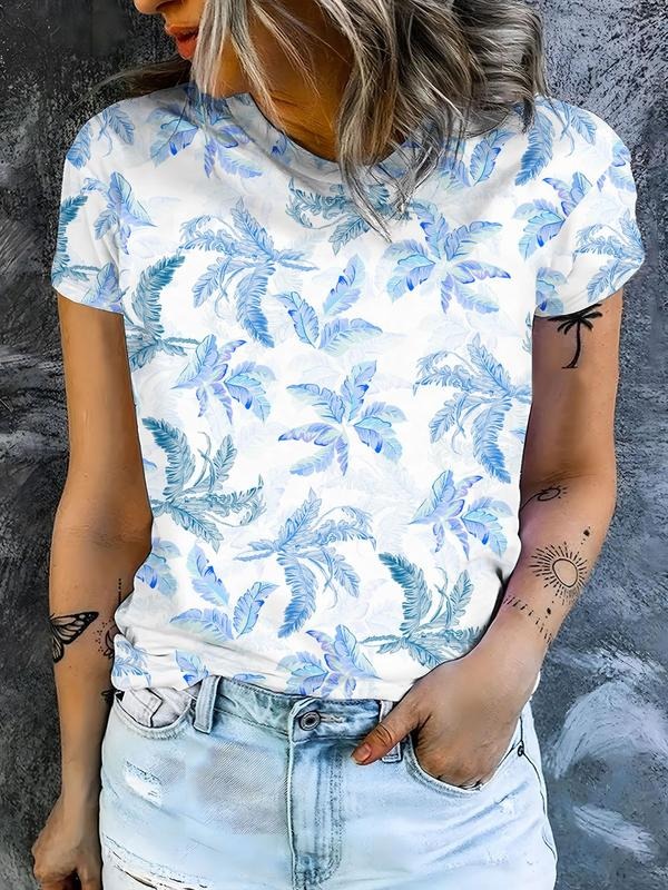 Women's Leaf Print Round Neck Tee, Casual Short Sleeve Crew Neck T-shirt for Daily Wear, Ladies Clothes for All Seasons,...