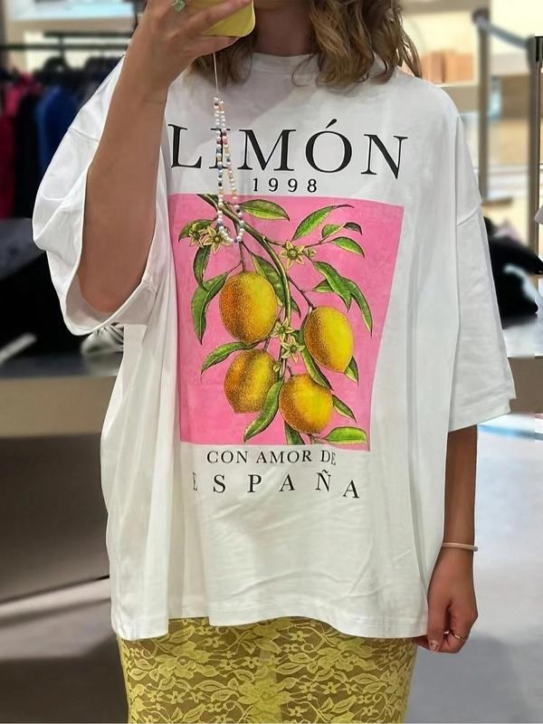 Women's Lemon & Figure Print Round Neck Tee, Casual Short Sleeve Crew Neck T-shirt for Summer, Fashion Women's Top for...
