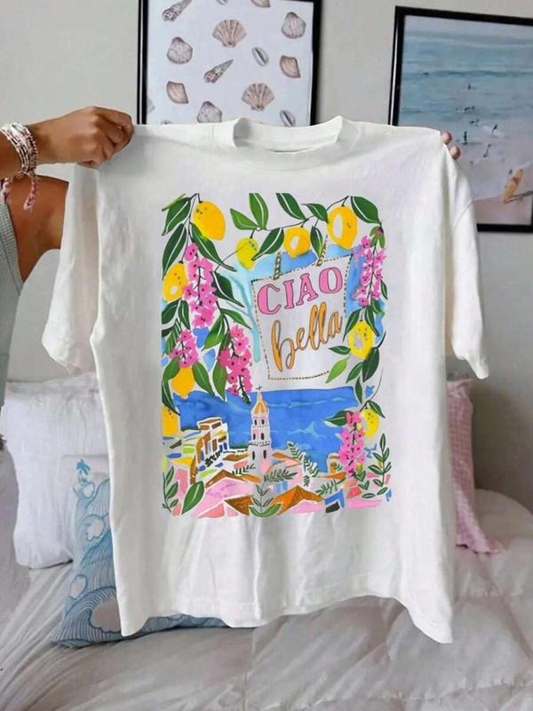 Women's Lemon & Floral Print Round Neck Tee, Trendy Casual Letter Graphic Short Sleeve T-Shirt for Daily Wear, Ladies...