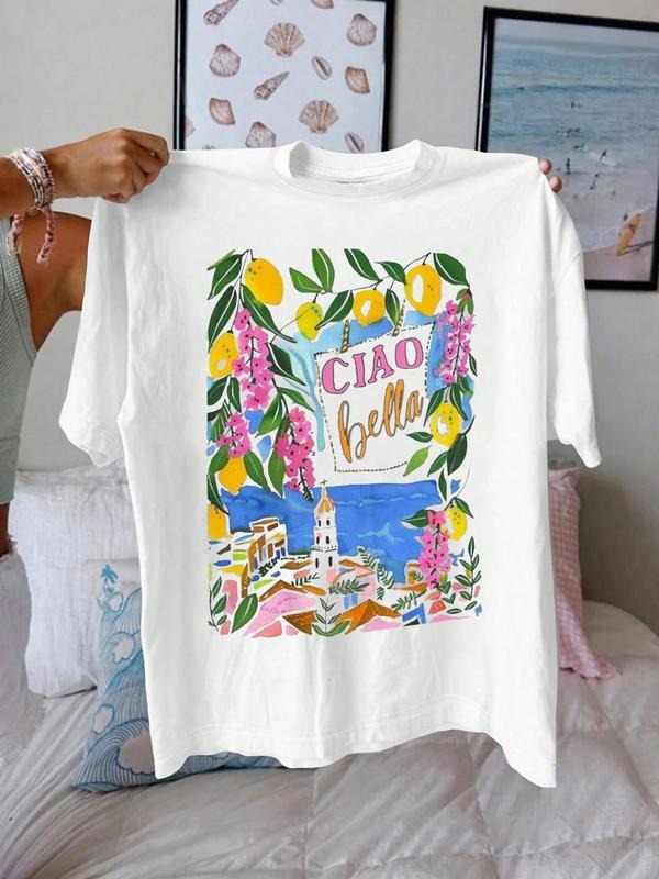 Women's Lemon & Floral Print Round Neck Tee, Trendy Casual Short Sleeve T-shirt for Daily Wear, Ladies Summer, Top...