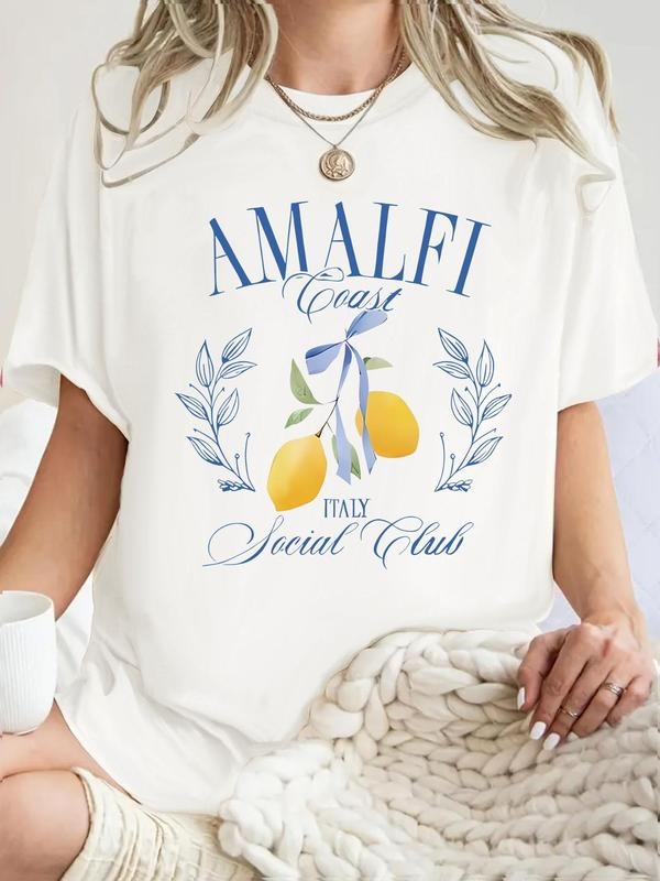 Women's Lemon & Laurel Leaf Print Round Neck Tee, Casual Short Sleeve Crew Neck T-shirt for Summer, Fashion Women's Top...