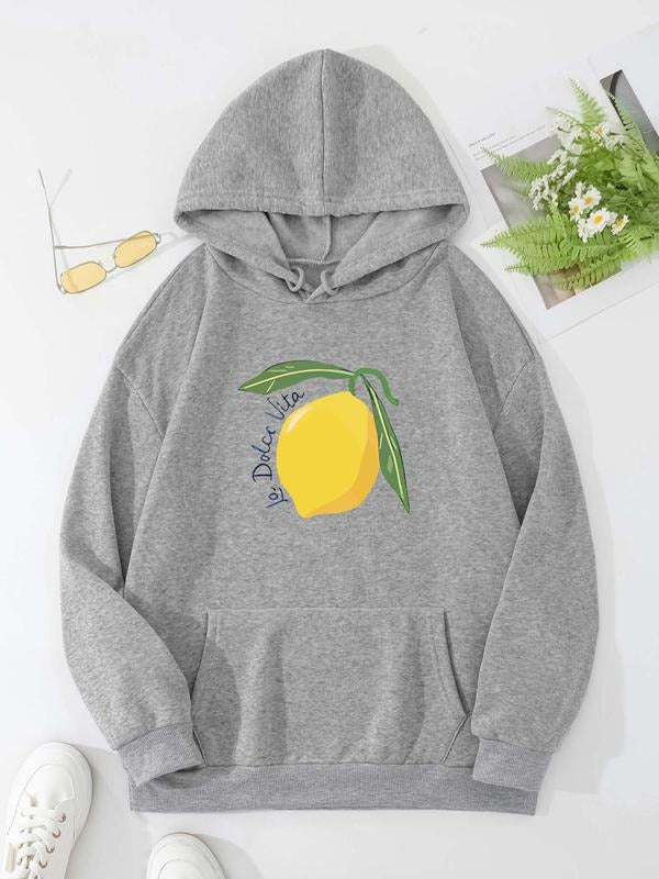 Women's Lemon & Letter Print Drop Shoulder Hoodie, Fashion Casual Drawstring Pocket Hooded Sweatshirt for Daily Holiday...
