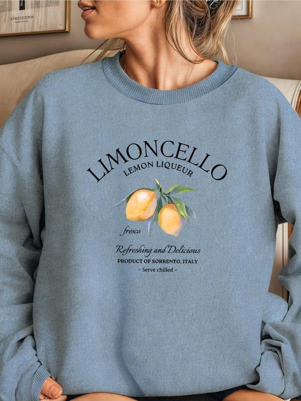 Women's Lemon & Letter Print Drop Shoulder Sweatshirt, Casual Long Sleeve Round Neck Pullover for Daily Wear, Ladies...