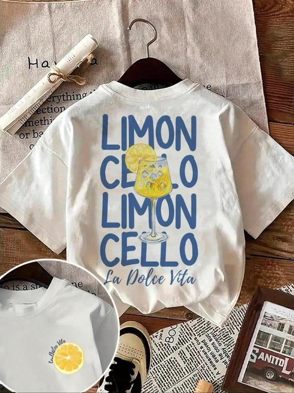 Women's Lemon & Letter Print Round Neck Tee, Casual Fashion Short Sleeve T-shirt for Summer, Ladies Clothes for Daily...