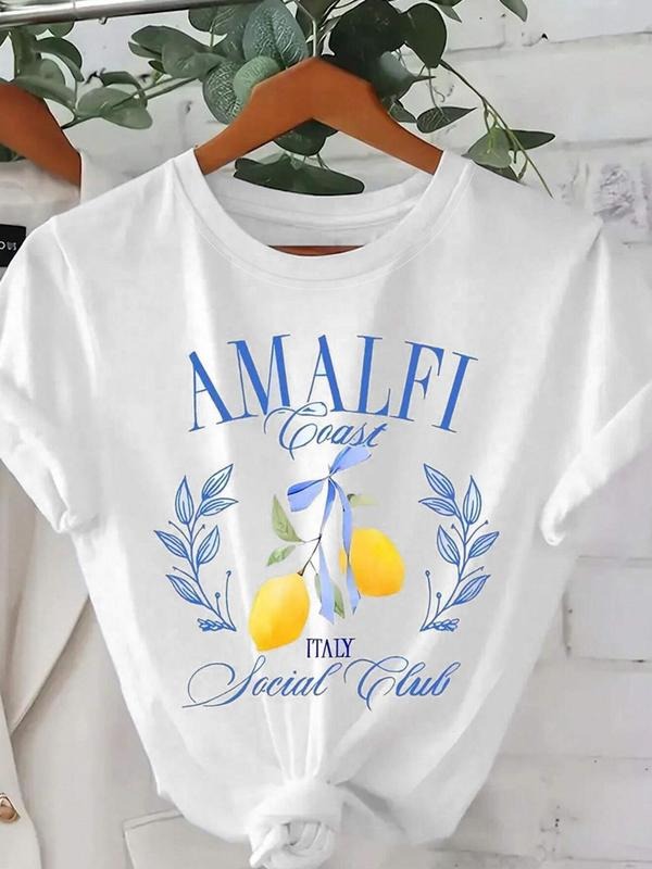 Women's Lemon & Letter Print Round Neck Tee, Casual Short Sleeve Crew Neck T-Shirt for Daily Wear, Ladies Clothes for All...