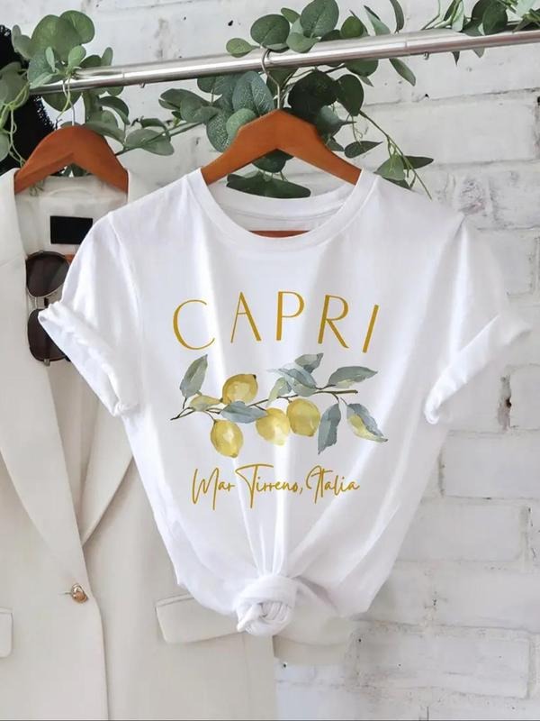 Women's Lemon & Letter Print Round Neck Tee, Casual Short Sleeve Crew Neck T-Shirt for Summer, Fashion Women's Top for...