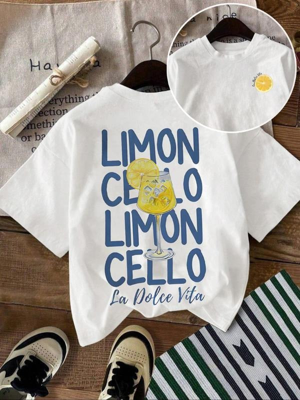 Women's Lemon & Letter Print Round Neck Tee, Casual Short Sleeve Crew Neck T-Shirt for Summer, Fashion Women's Top for...