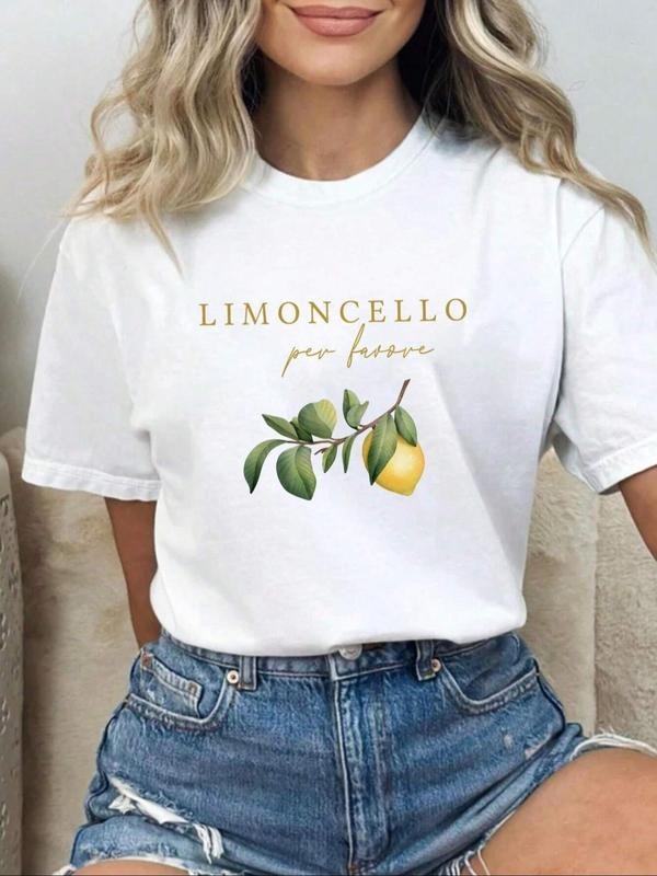 Women's Lemon & Letter Print Round Neck Tee, Casual Short Sleeve Crew Neck T-shirt for Summer, Fashion Women's Top for...