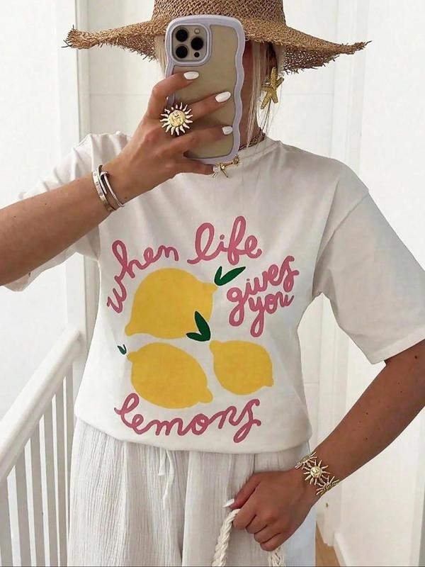 Women's Lemon & Letter Print Round Neck Tee, Fashion Casual Crew Neck T-Shirt for Daily Holiday Vacation Outdoor Wear,...