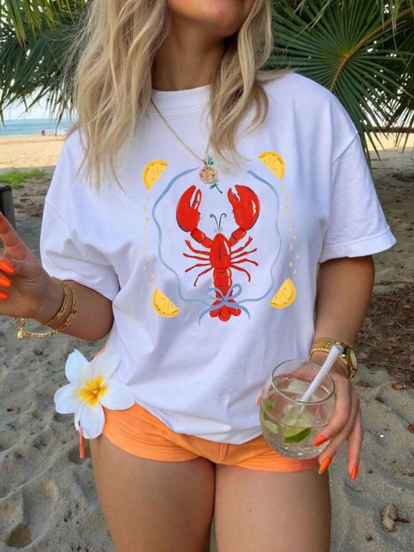 Women's Lemon & Lobster Print Round Neck Short Sleeve T-Shirt, Summer Casual Printed Top, Daily Wear Clothing for Ladies...