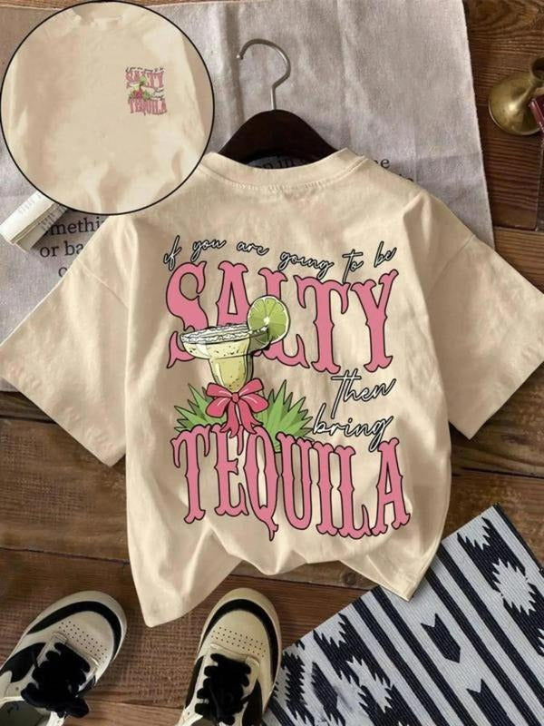 Women's Lemon Drink Print Round Neck Tee, Casual Short Sleeve Crew Neck T-shirt for Summer, Fashion Women's Top for Daily...