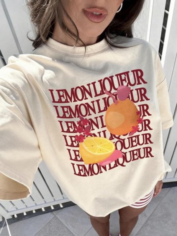 Women's Lemon Graphic Print Round Neck Tee, Fashion Casual Short Sleeve T-shirt, Ladies Summer Clothes for Daily Wear,...
