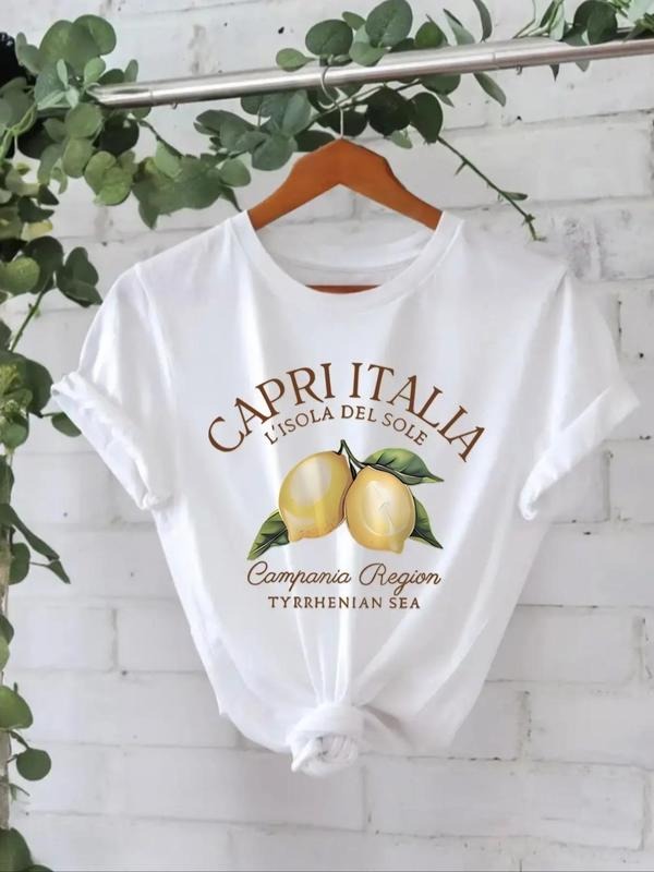 Women's Lemon Letter Print Round Neck Tee, Casual Short Sleeve T-shirt for Summer, Fashion Women's Top for Daily Wear...