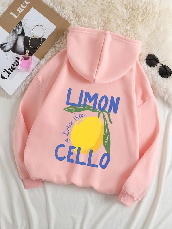 Women's Lemon Print Drop Shoulder Hoodie, Fashion Casual Drawstring Pocket Hooded Sweatshirt for Daily Holiday Outdoor...
