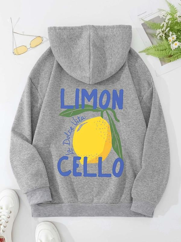 Women's Lemon Print Drop Shoulder Hoodie, Fashion Casual Letter Print Kangaroo Pocket Hooded Sweatshirt for Daily Holiday...