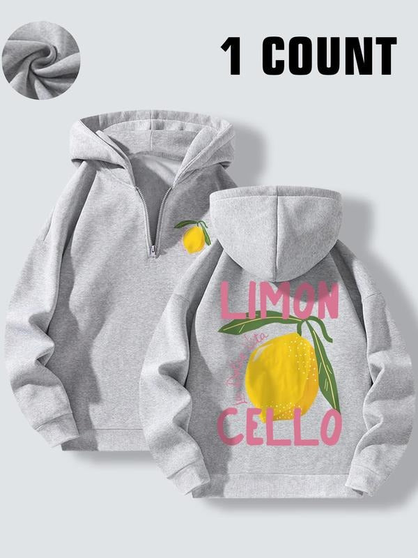 Women's Lemon Print Half Zip Hoodie, Casual Long Sleeve Hooded Sweatshirt for Spring & Fall, Fashion Women's Top for...