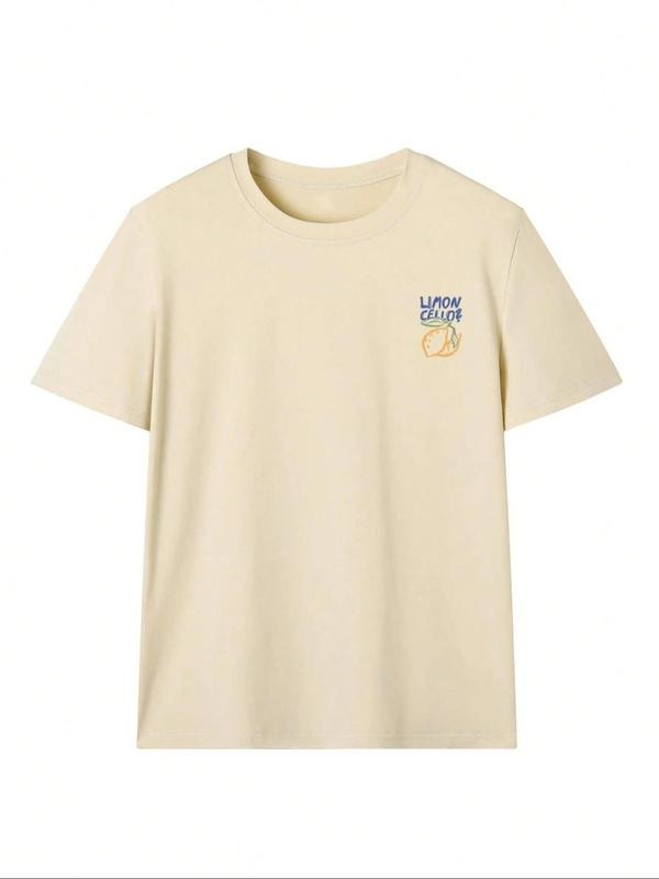 Women's Lemon Print Round Neck Tee, Casual Letter Graphic Short Sleeve T-Shirt for Summer, Ladies Clothes for Daily Wear,...
