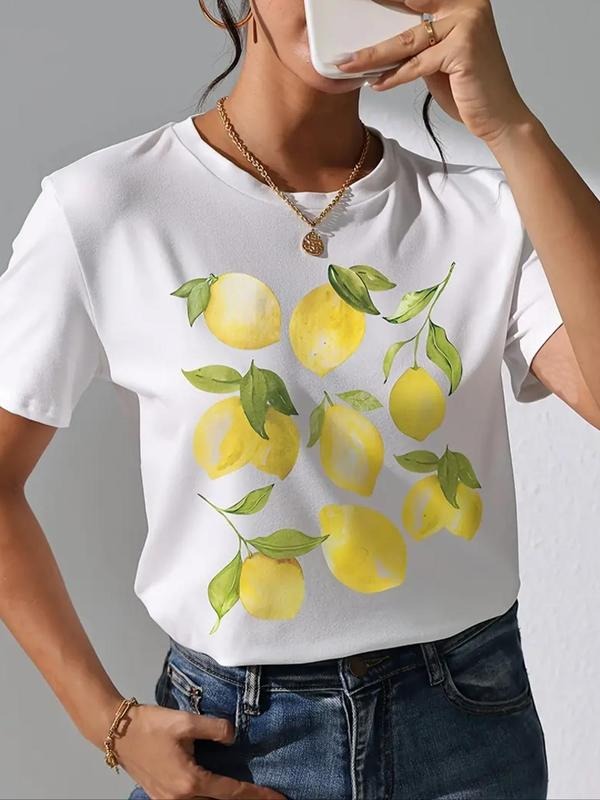 Women's Lemon Print Round Neck Tee, Casual Short Sleeve Crew Neck T-shirt for Summer, Fashion Women's Top for Daily Wear...