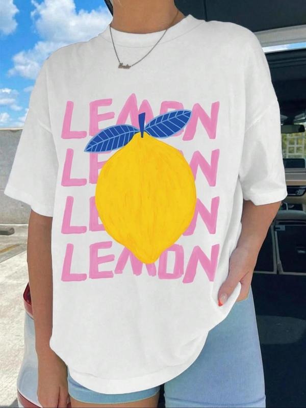 Women's Lemon Print Round Neck Tee, Fashion Casual Letter Graphic Crew Neck T-Shirt for Daily Holiday Vacation Outdoor...