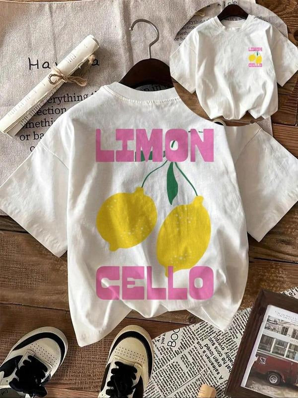 Women's Lemon Print Round Neck Tee, Fashion Casual Letter Graphic Short Sleeve T-shirt for Daily Wear, Ladies Summer...