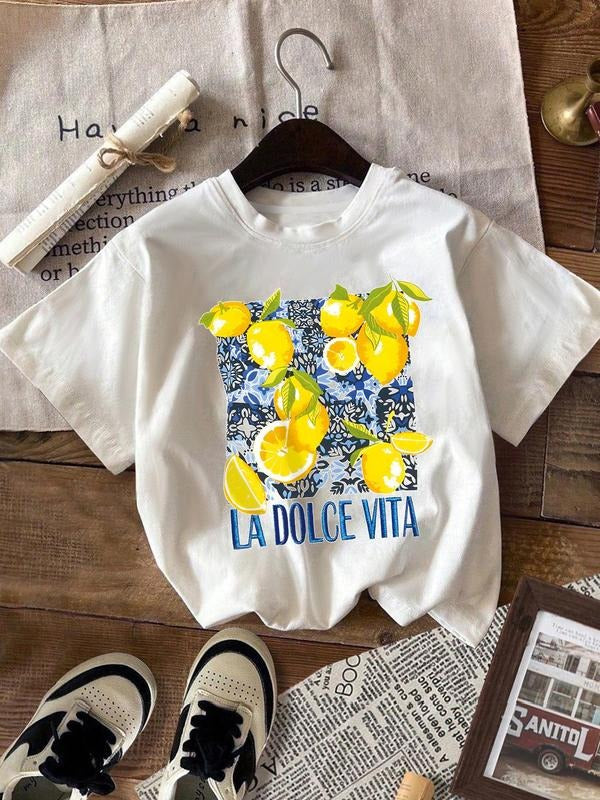 Women's Lemon Print Round Neck Tee, Vintage Trendy Casual Short Sleeve T-shirt for Daily Wear, Ladies Summer, Top Hoodie,...
