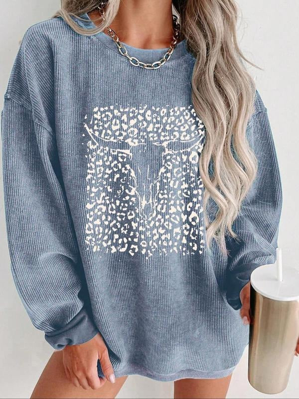Women's Leopard & Bull Head Print Drop Shoulder Sweatshirt, Casual Long Sleeve Round Neck Pullover for Daily Wear, Ladies...