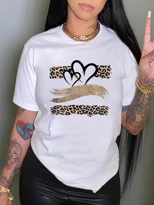 Women's Leopard & Heart Print Round Neck Tee, Fashion Casual Crew Neck T-Shirt for Daily Holiday Vacation Outdoor Wear,...