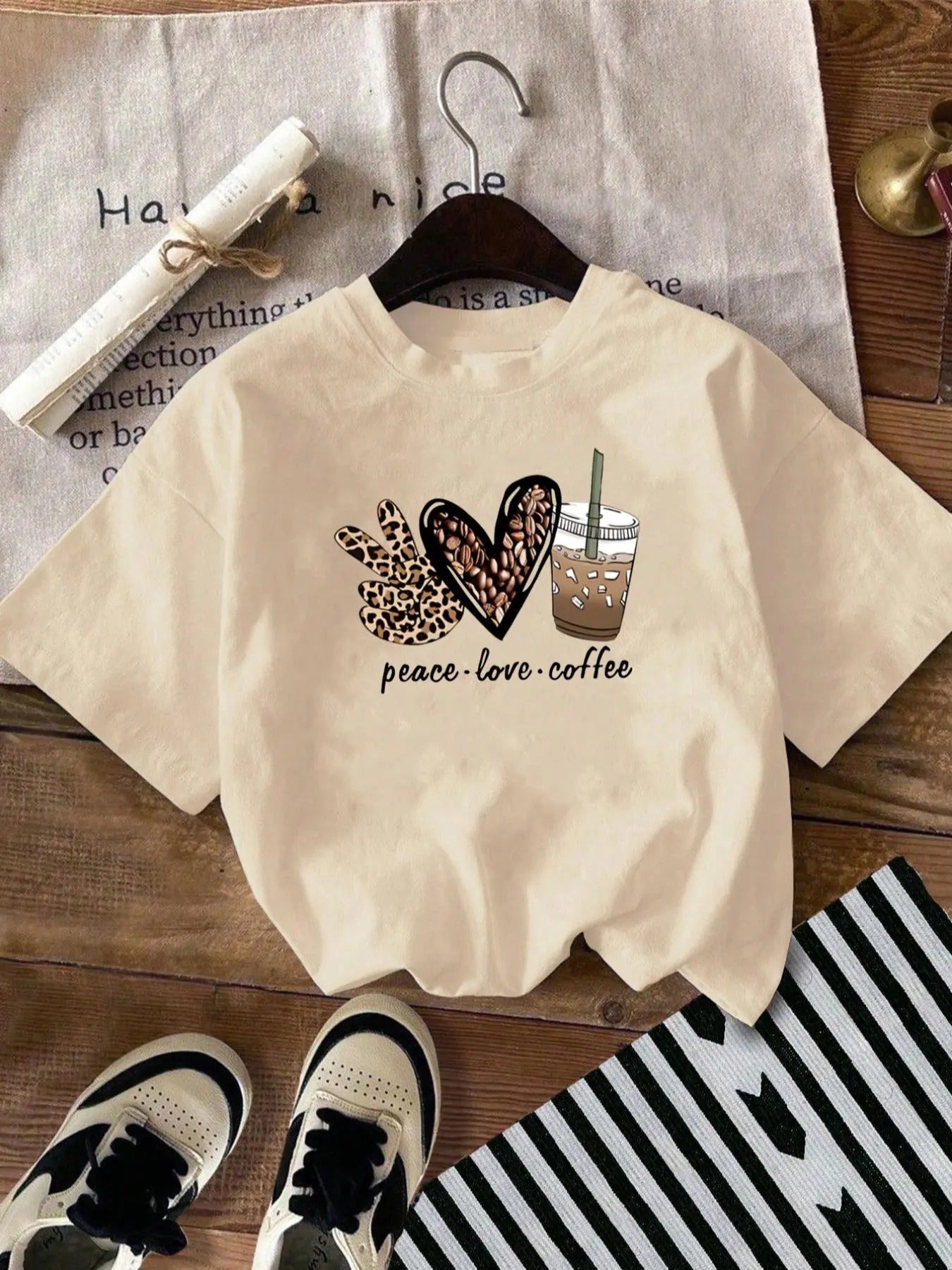 Women's Leopard & Letter Print Drop Shoulder Tee, Casual Short Sleeve Round Neck T-Shirt for Summer, Ladies Clothes for...